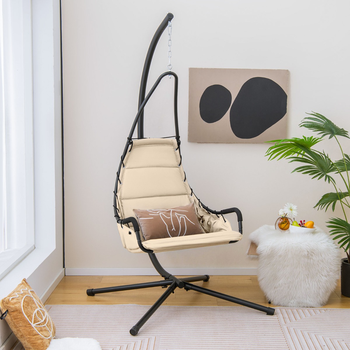 Hängesessel mit Gestell & Extra Großem Gepolstertem Sitz & Robustem Metallrahmen Hängematte Beige