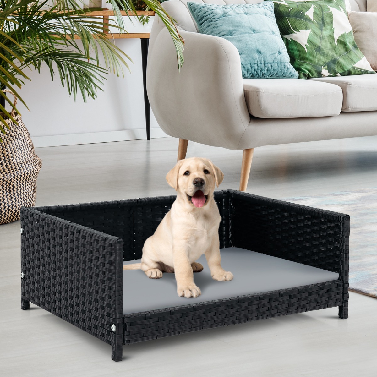 Hundebett aus PE-Rattan mit Abnehmbarem Kissen & Waschbarem Bezug Haustierbett