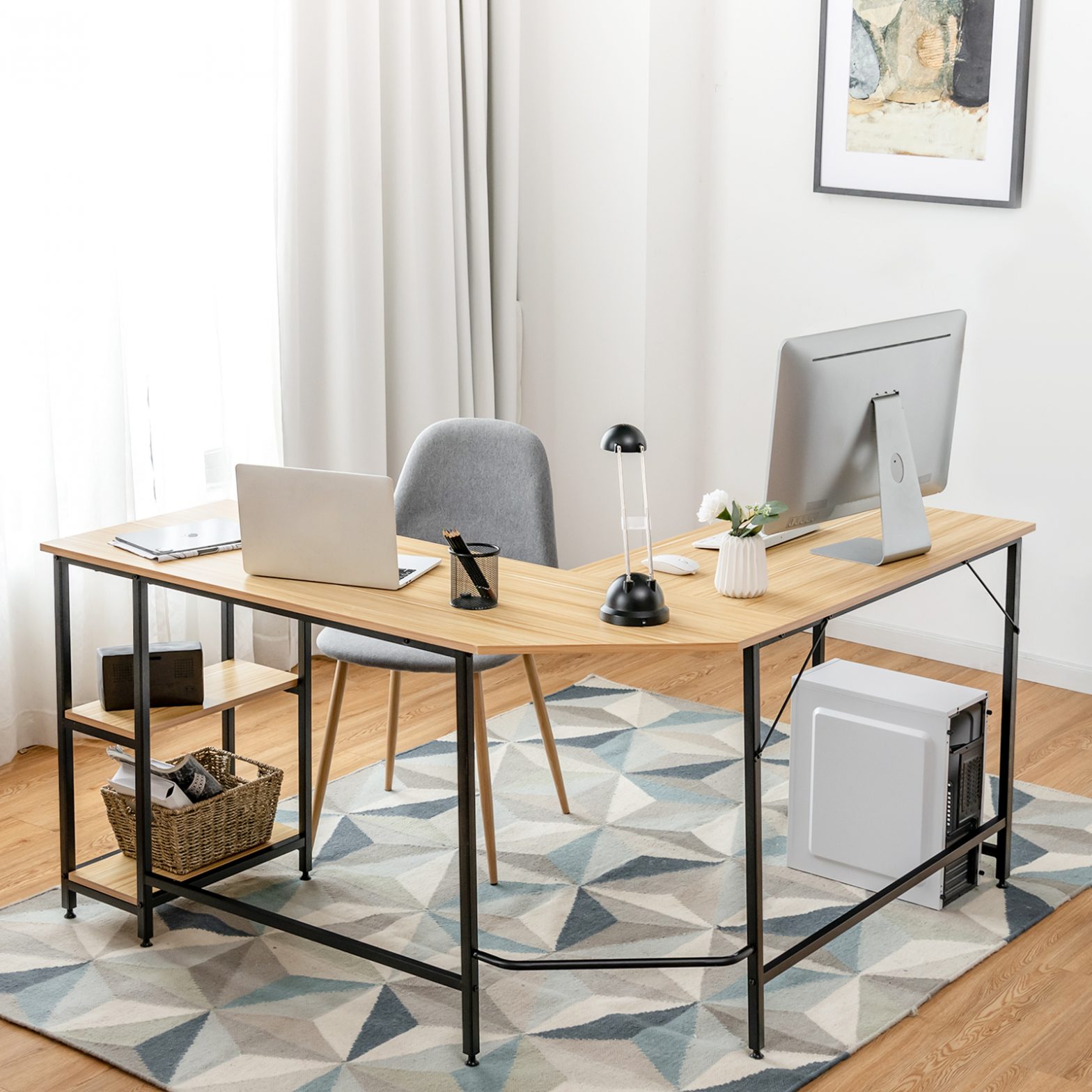 L-förmiger Schreibtisch Homeoffice-Schreibtisch mit 2 Ablageflächen 138 x 60 x 75 cm Natur