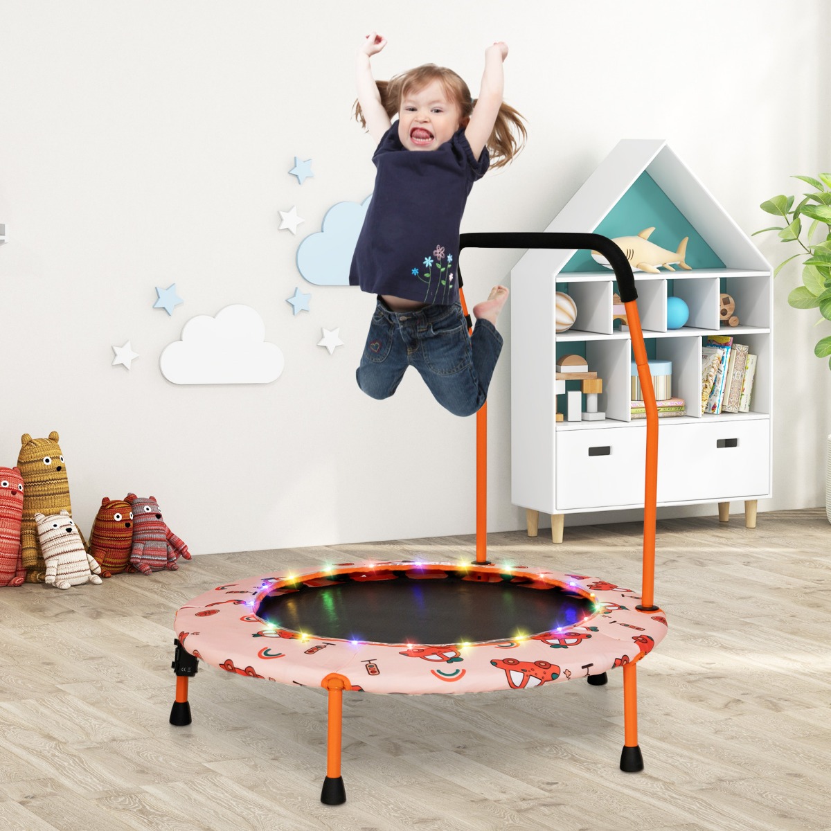 Ø92 cm Kindertrampolin Mini Trampolin mit LED-Beleuchtung &amp; abnehmbarer Griff Orange