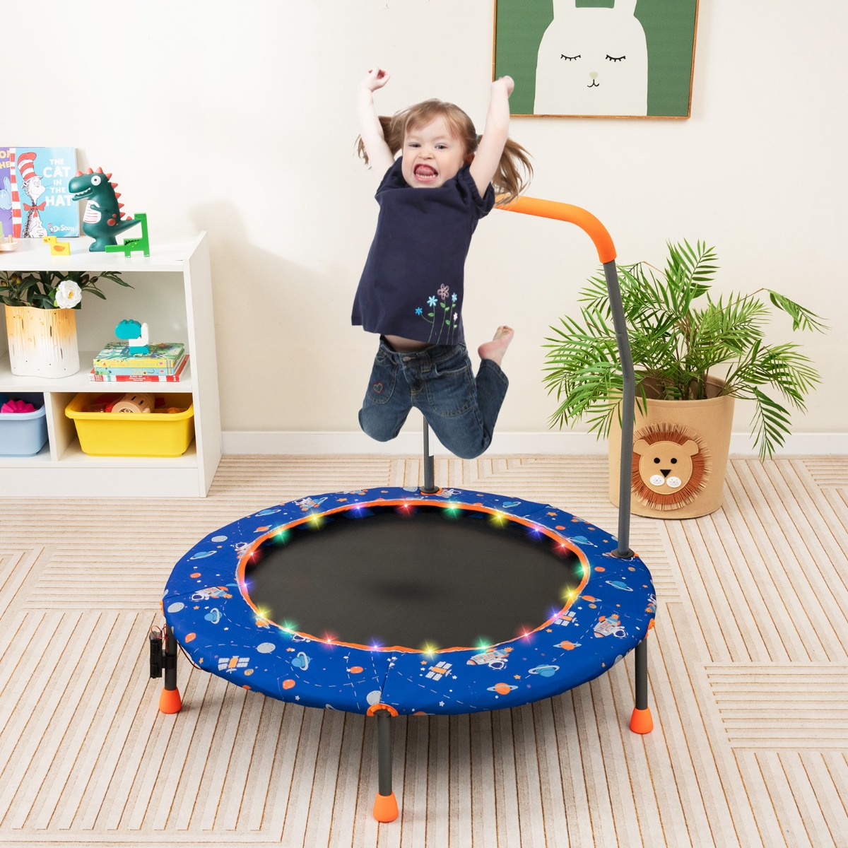 Ø92 cm Kindertrampolin Mini Trampolin mit LED-Beleuchtung &amp; abnehmbarer Griff Blau