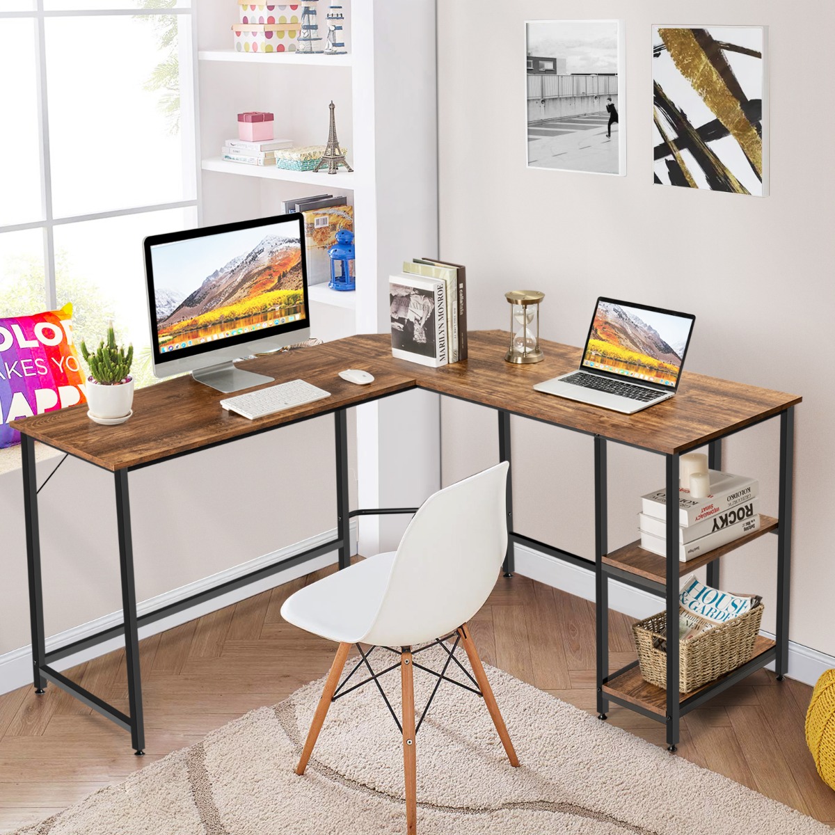 L-förmiger Schreibtisch Homeoffice-Schreibtisch mit 2 Ablageflächen 138 x 138 x 75.5 cm Kaffeebraun + Schwarz