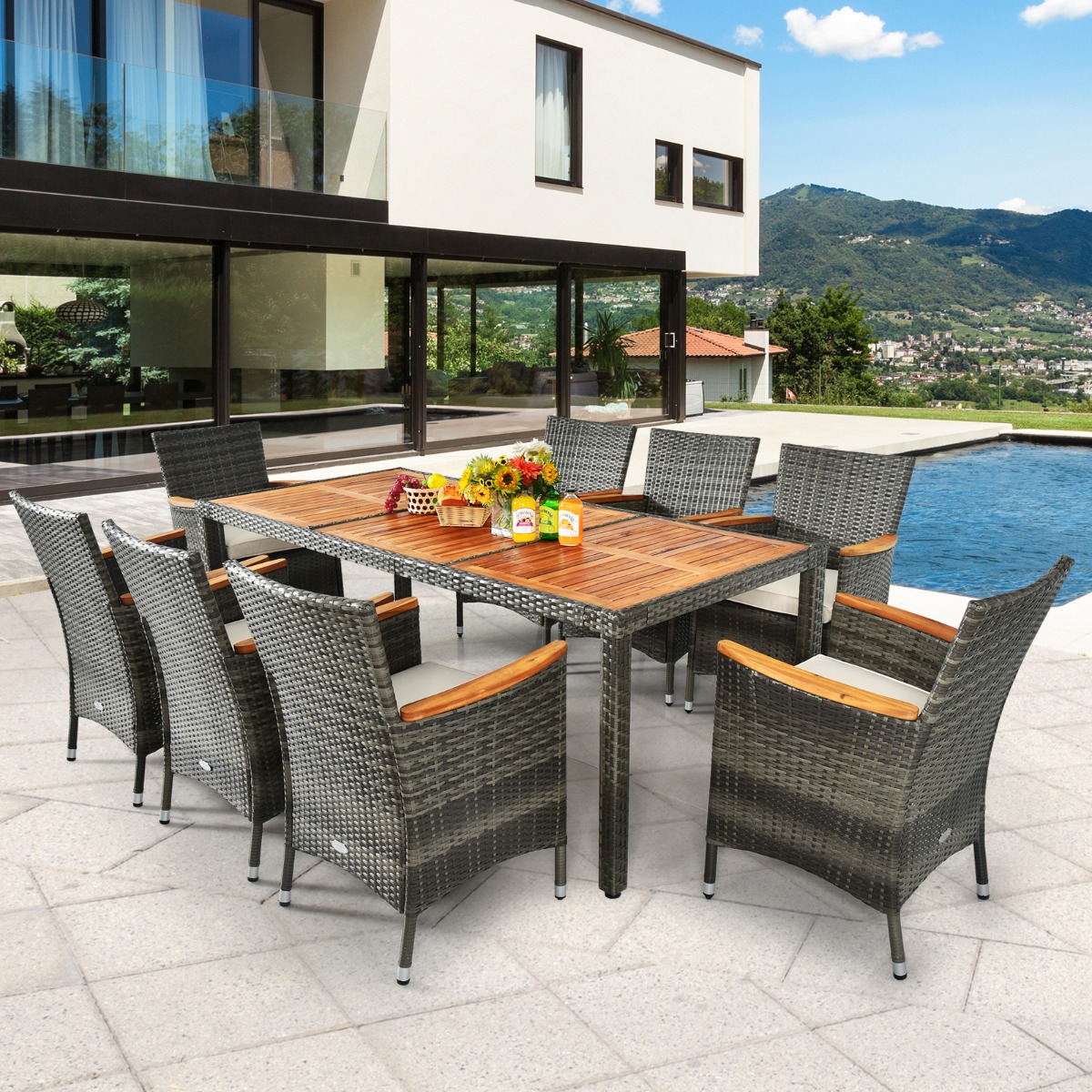 9-teiliges Patio Ess-Set Garten Akazienholz und Rattan Möbel Set Tisch und 8 Stühlen