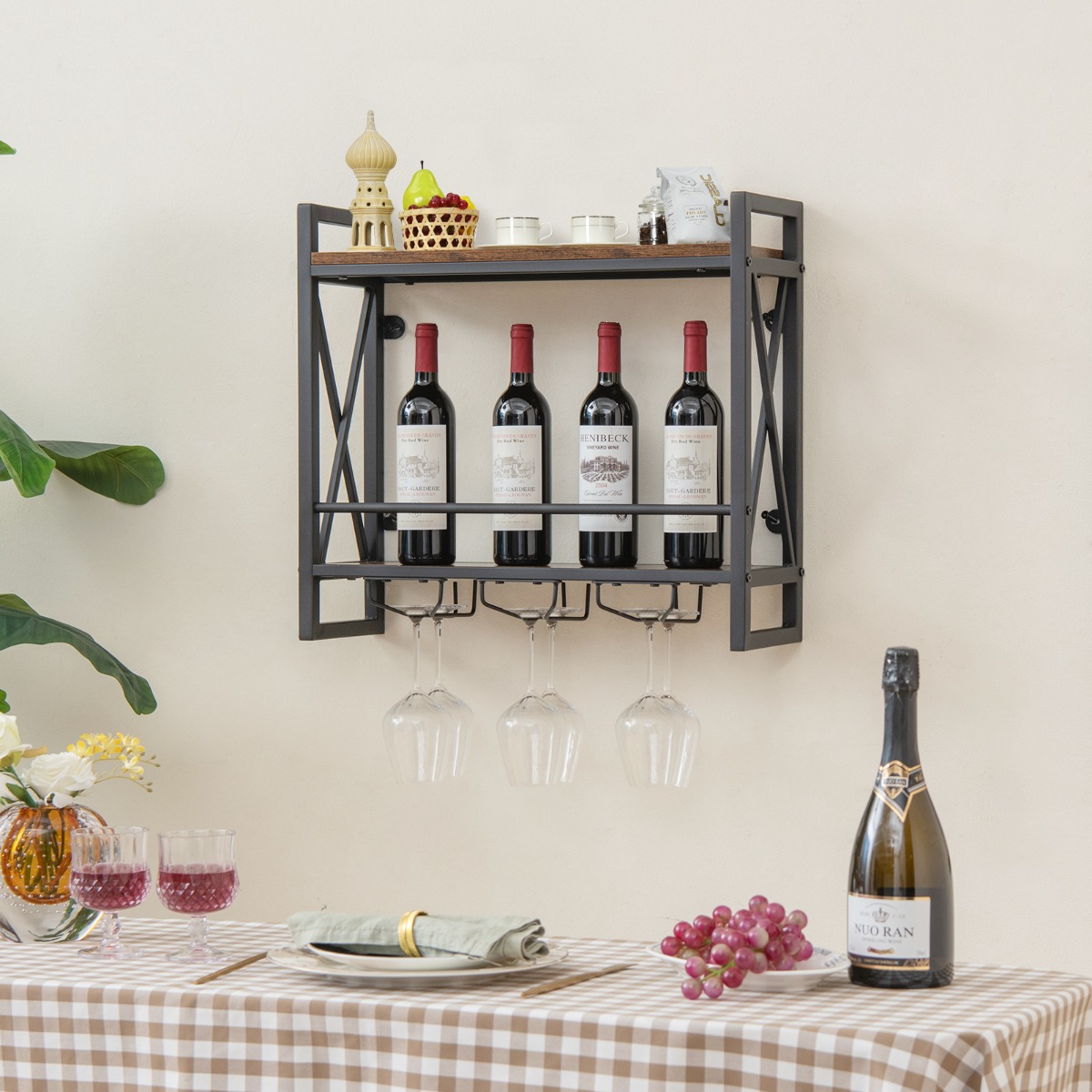 2 Ebenen Wand-Weinregal mit 3 Stielglas-Haltern Flaschenregal Holz mit Metallrahmen