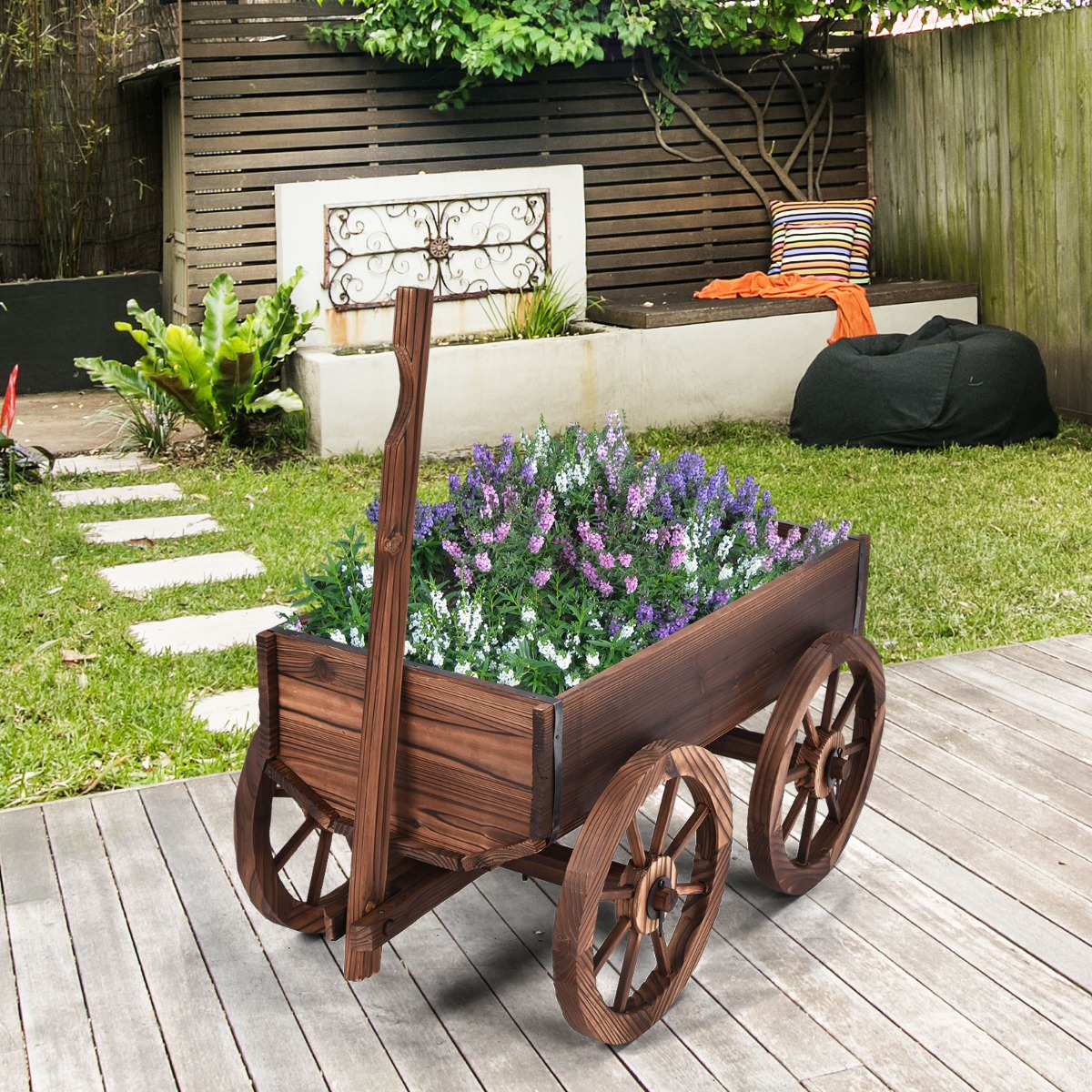 Blumenwagen Holz Pflanzwagen mit 4 Rädern Blumenkarre 120 x 43  x 53,5 cm Braun