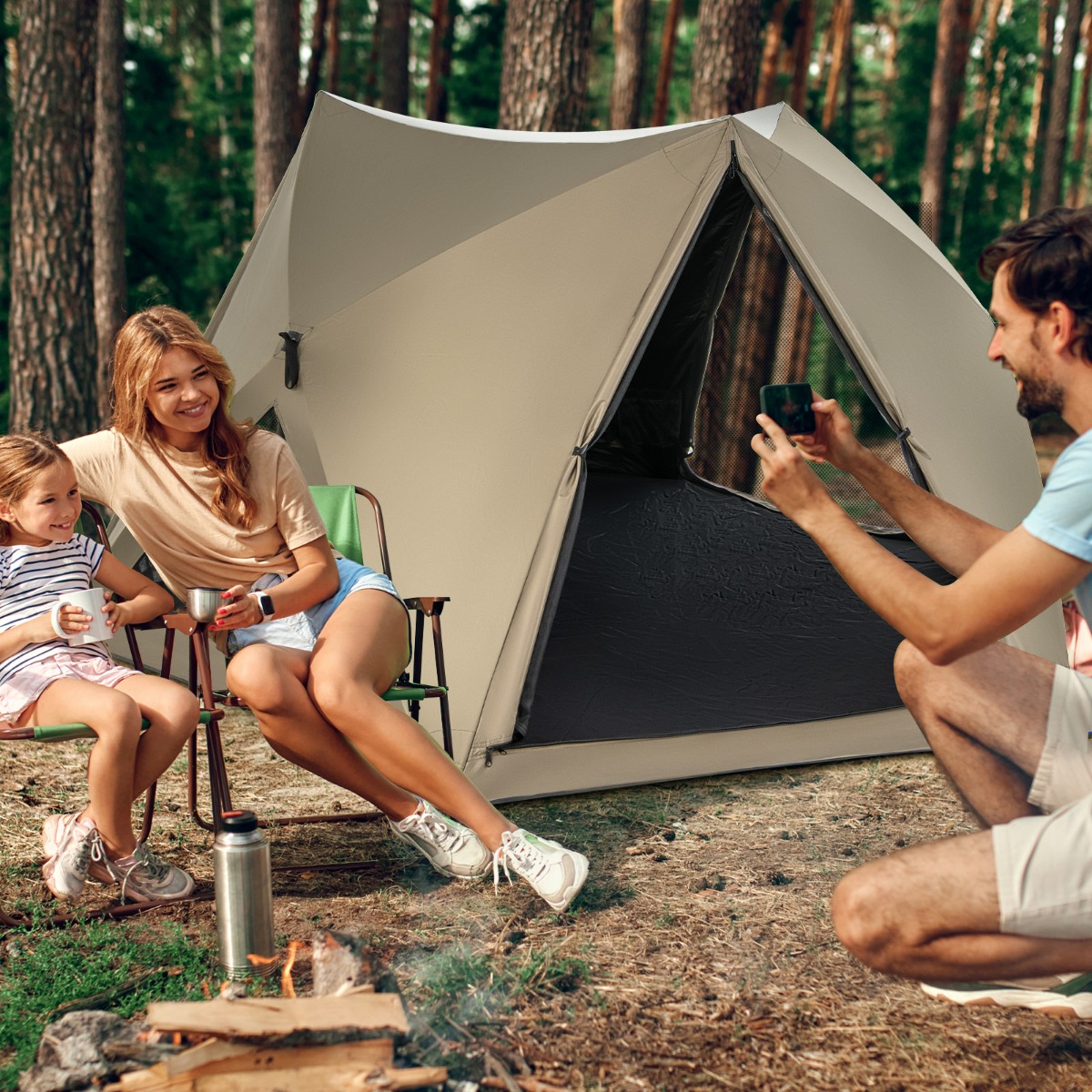 Pop Up Zelt für 4-6 Personen Campingzelt mit Überdachung wasserdicht Familienzelt 285 x 250 x 147 cm Olivgrün