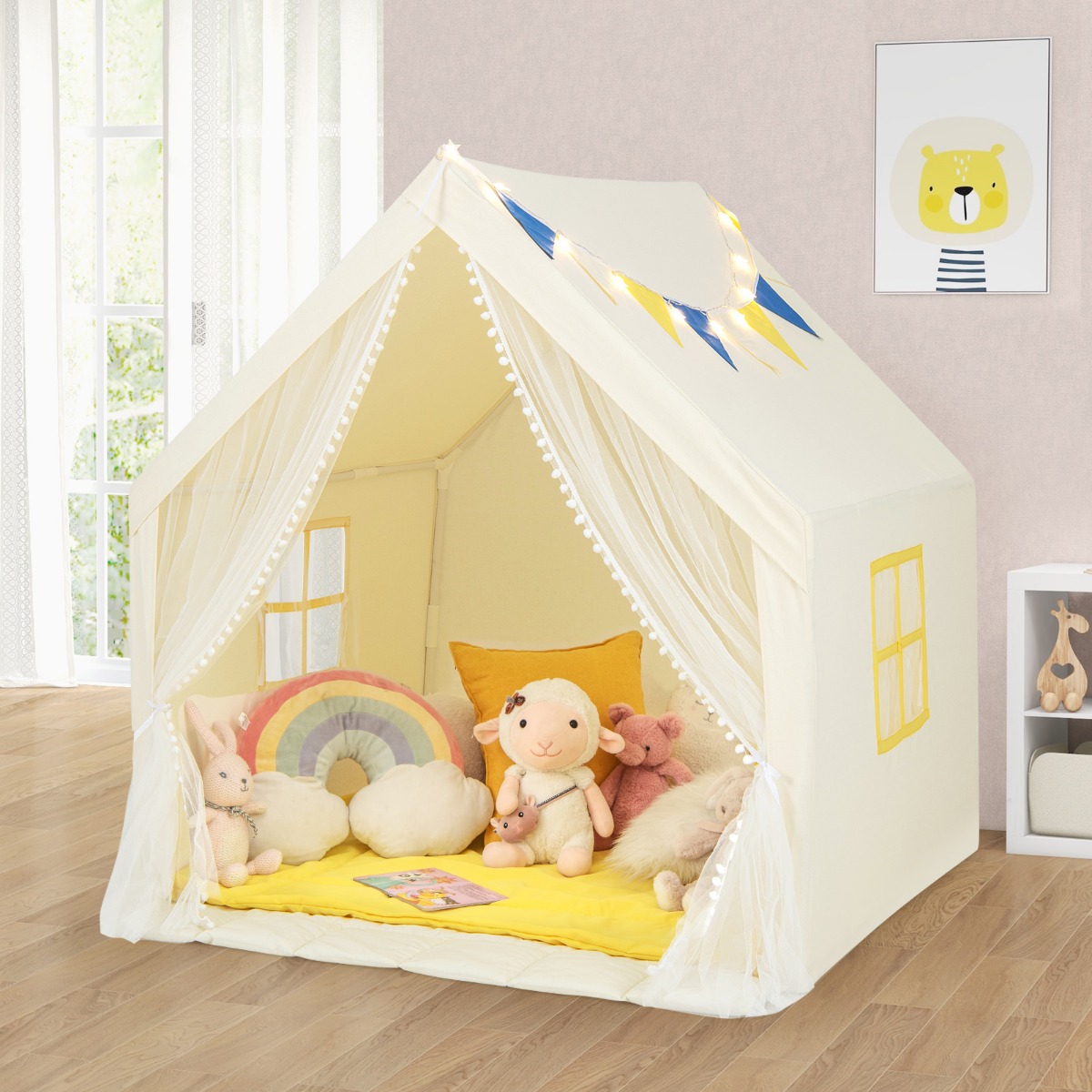 Spielzelt Spielhaus für Kinder mit Waschbarer Baumwollmatte 122 x 105 x 125 cm Beige