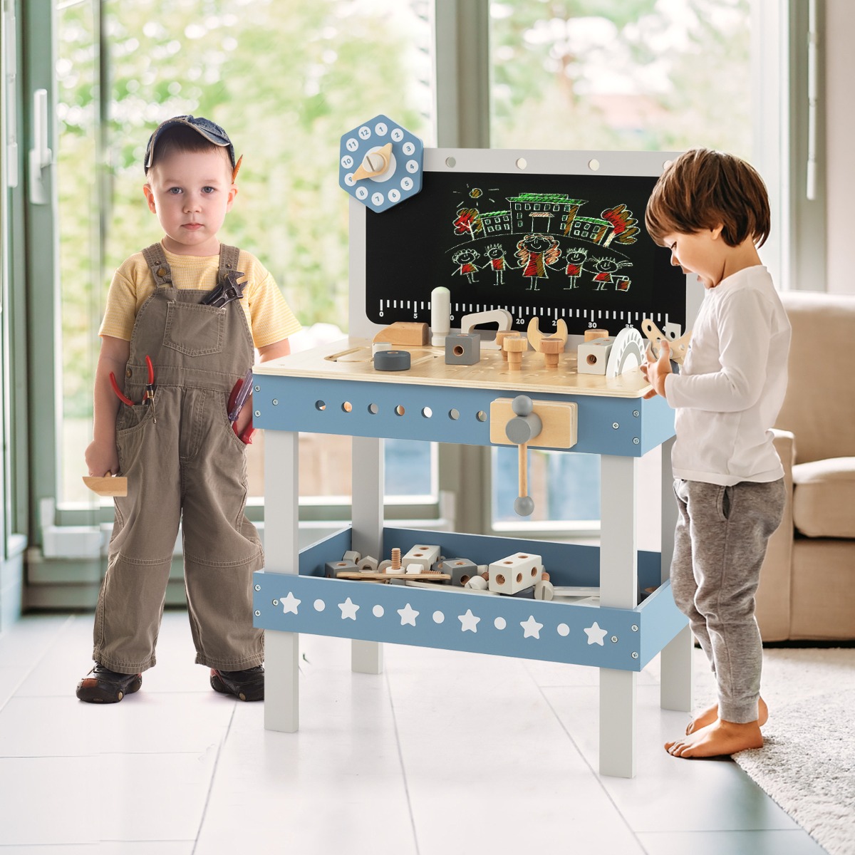 Kinder Werkbank aus Holz mit Tafel & Uhr & 61 Zubehören für Kinder ab 3 Jahren Blau