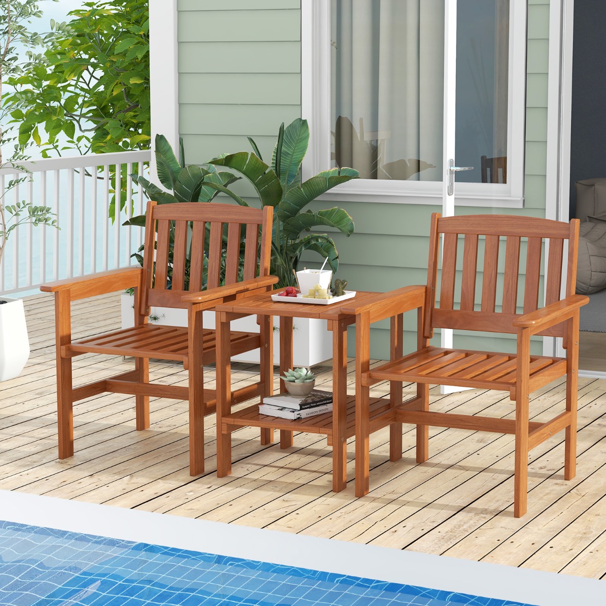 3-tlg Bistro-Set aus Holz mit 2 Stühlen & Tisch & Loch für Sonnenschirm Sitzgarnitur Sitzgruppe