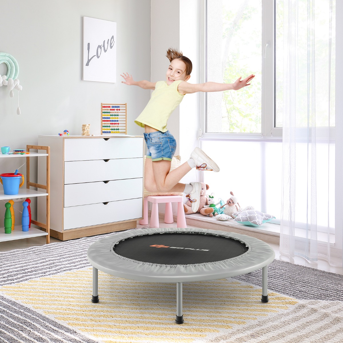 φ97cm Mini Trampolin Fitness Trampolin faltbar Kindertrampolin bis 150kg belastbar Grau