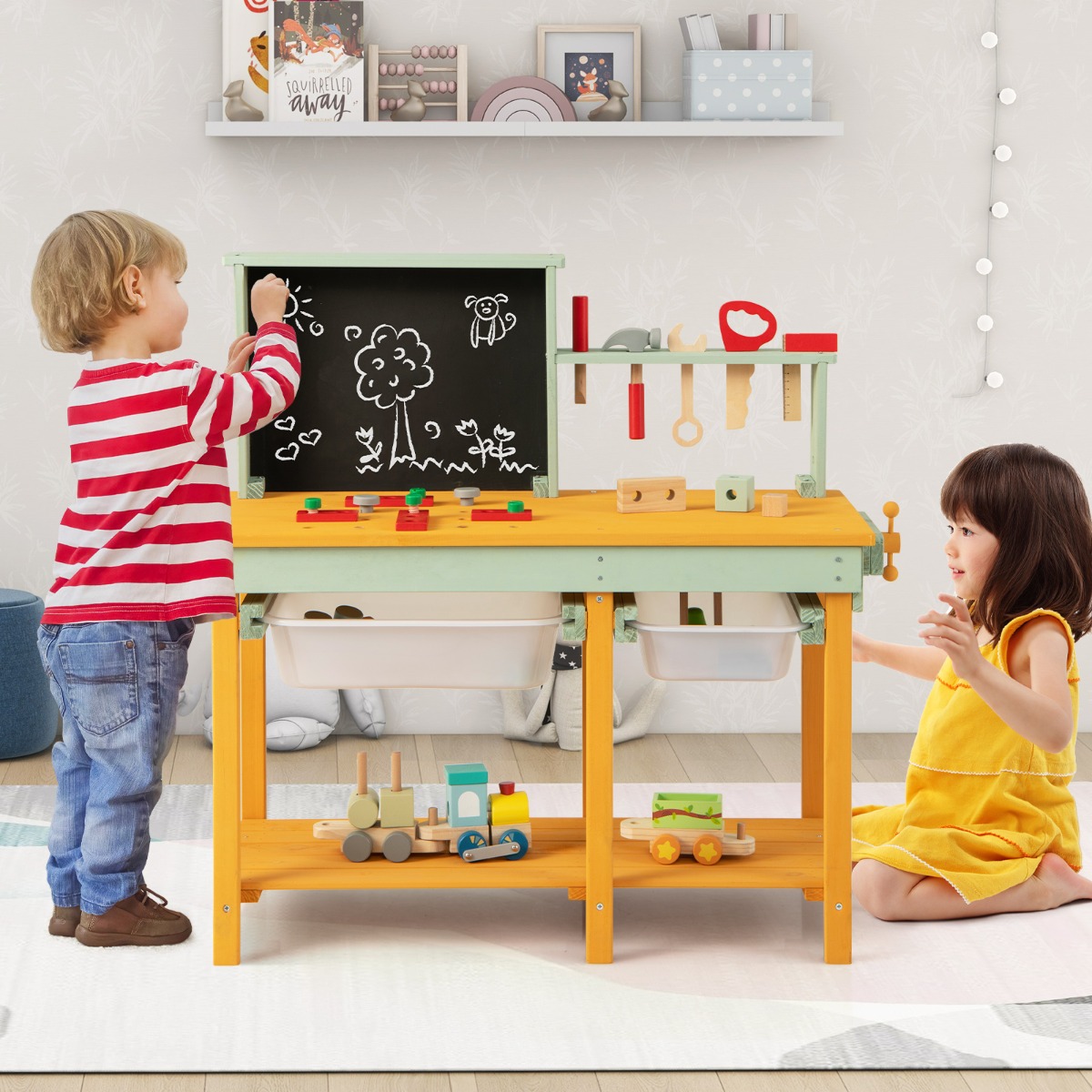 Kinder Werkzeugbank aus Holz mit Tafel & 2 Aufbewahrungsboxen & 16 Zubehören Spielwerkbank