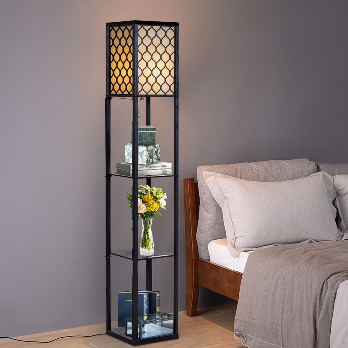 160x26x26cm Standleuchte Regal Moderne Innenbeleuchtung mit 3-Ebenen Bodenlampe