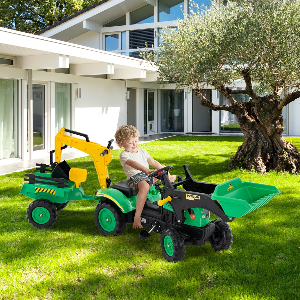 3-in-1-Aufsitzbagger für Kinder Bulldozer mit 6 Rädern 178 x 42 x 60 cm Grün