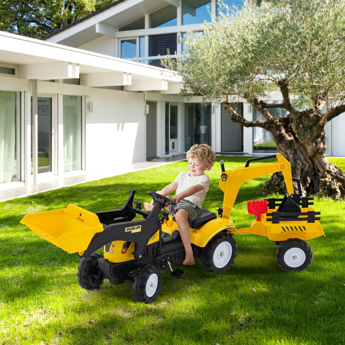 3-in-1-Aufsitzbagger für Kinder Bulldozer mit 6 Rädern 178 x 42 x 60 cm Gelb