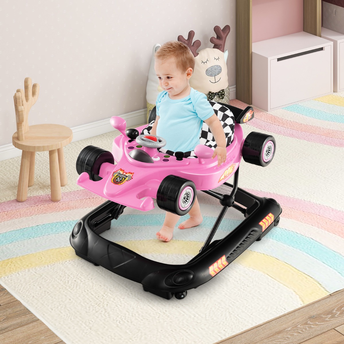 4 in 1 Baby Lauflernhilfe mit Verstellbarer Höhen Abnehmbarem Spieltablett Autoförmige Lauflernwagen Rosa