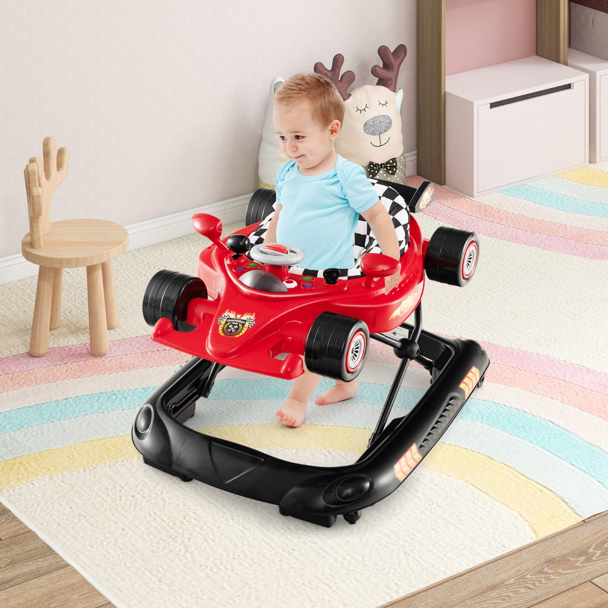 4 in 1 Baby Lauflernhilfe mit Verstellbarer Höhen & Abnehmbarem Spieltablett Autoförmige Lauflernwagen Rot