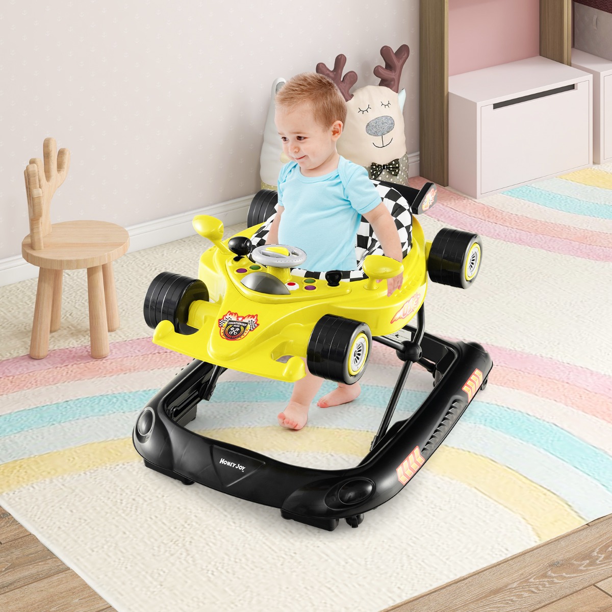 4 in 1 Baby Lauflernhilfe mit Verstellbarer Höhen & Abnehmbarem Spieltablett Autoförmige Lauflernwagen Gelb