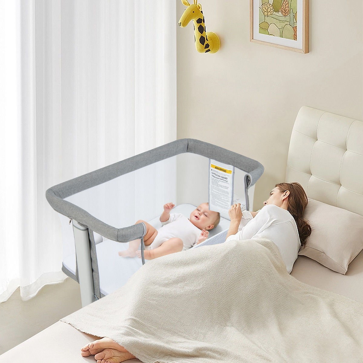 3 in 1 Babybett & Babywiege & Kinderbett mit Matratze Beistellbett mit Tragetasche Stubenwagen Hellgrau