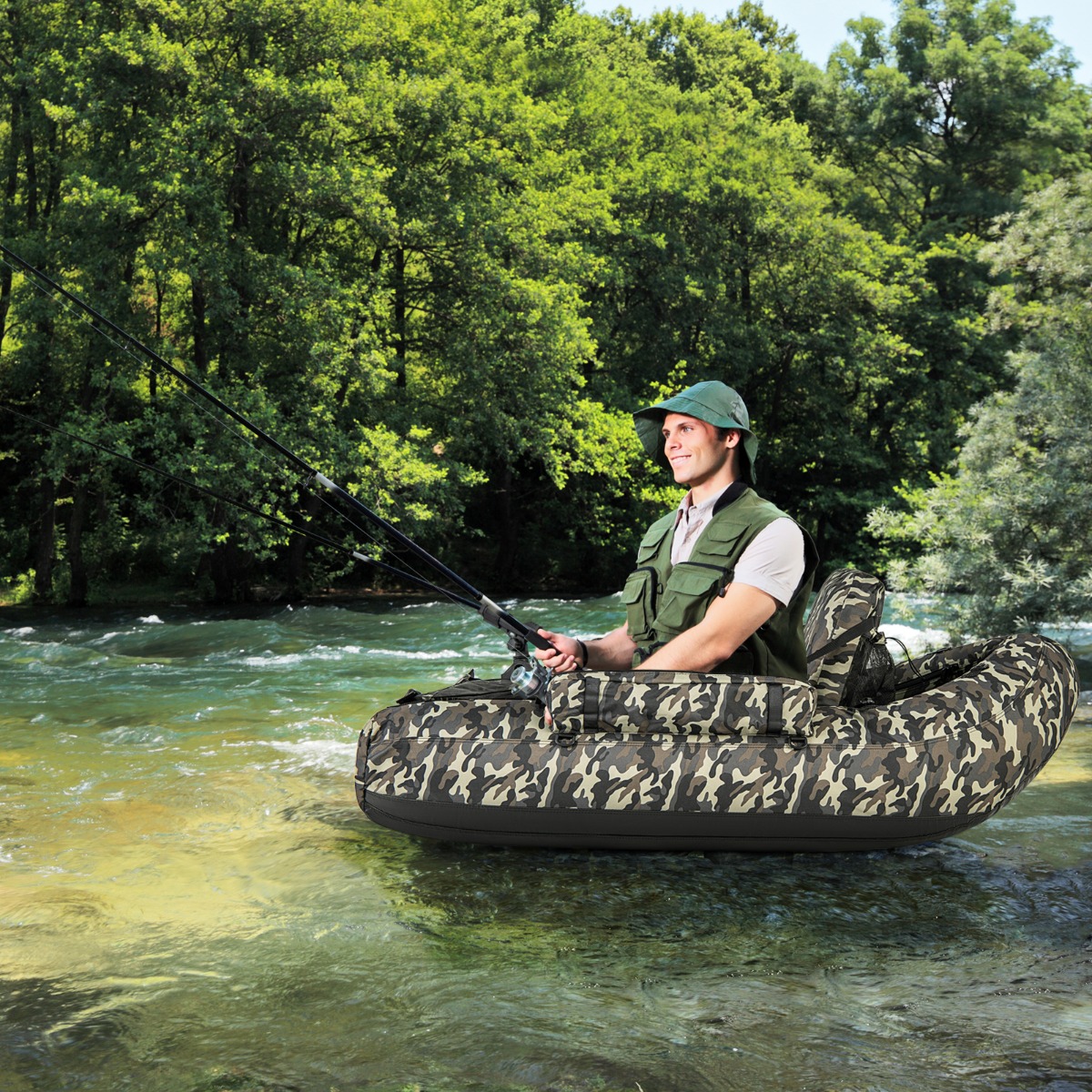 Aufblasbares Schlauchboot mit Fischlineal & Rutenhalter & Paddel Angelboot Camouflage