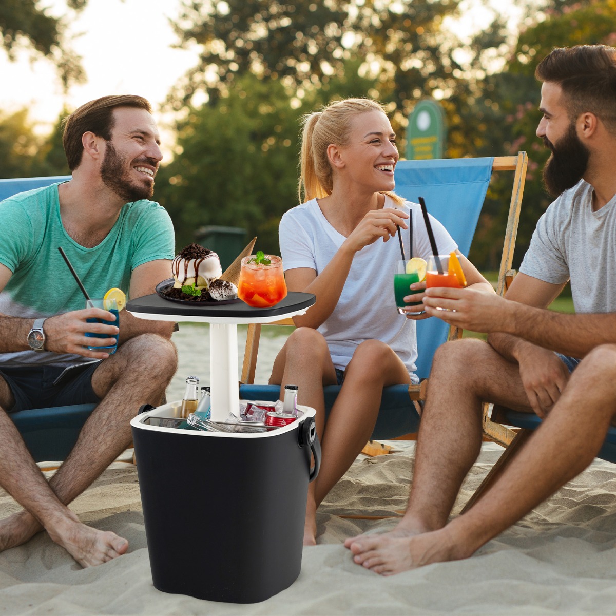 15 L Tragbarer Cool Bar mit Anhebbarer Tischplatte & Flaschenöffner Beistelltisch Kühlbox Schwarz