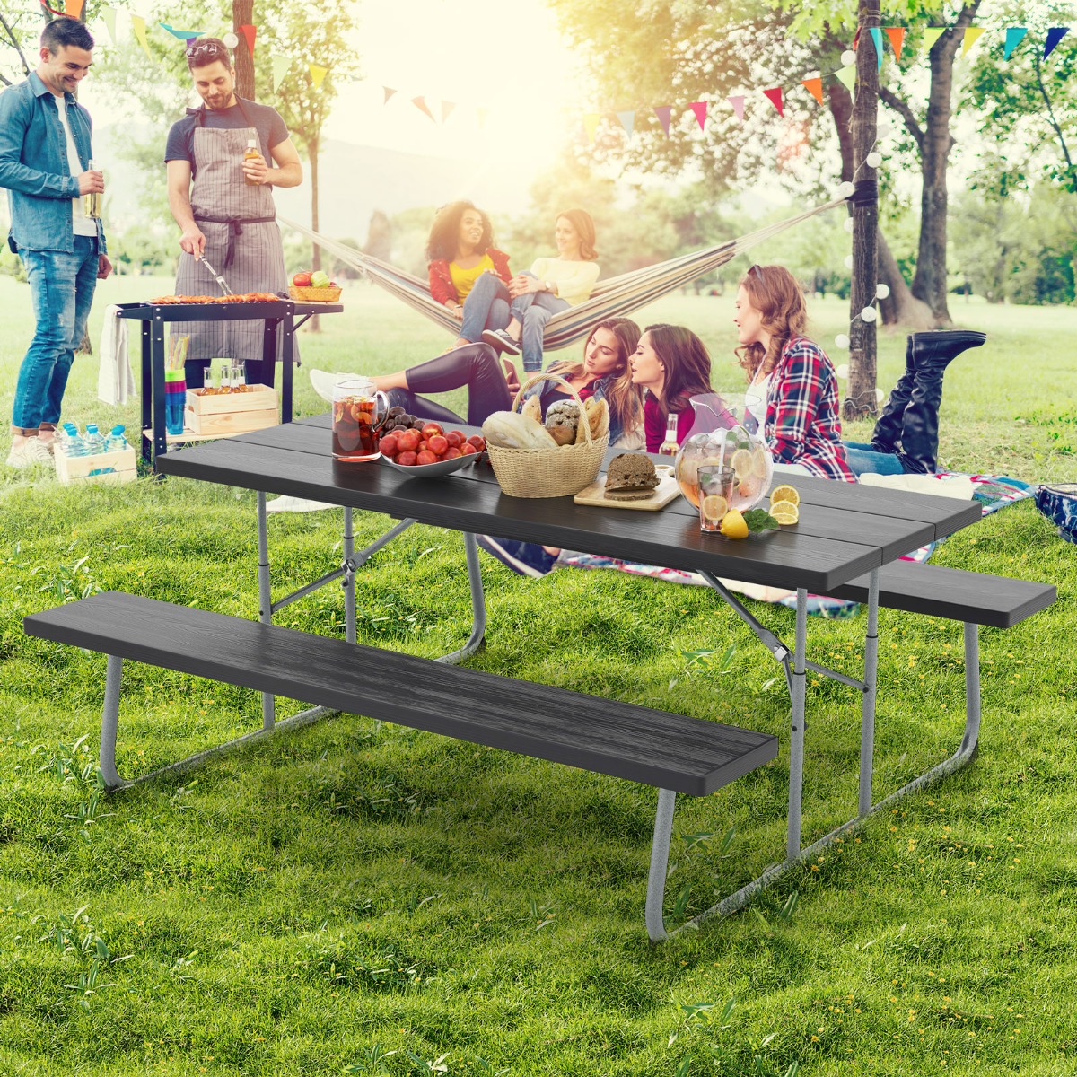 Klappbarer Picknicktisch mit 2 Bänken 183 cm Campingtisch-Set mit Metallrahmen Schwarz