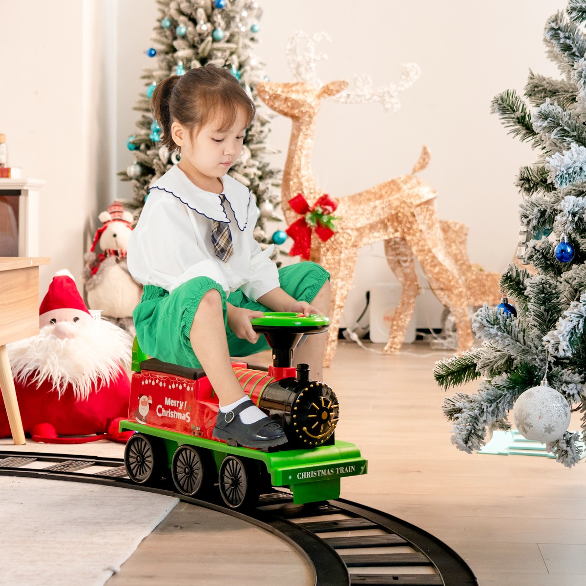 6V Elektrischer Kinderzug zum Aufsitzen mit 16 Schienenstücken für Kinder ab 3 J. Grün