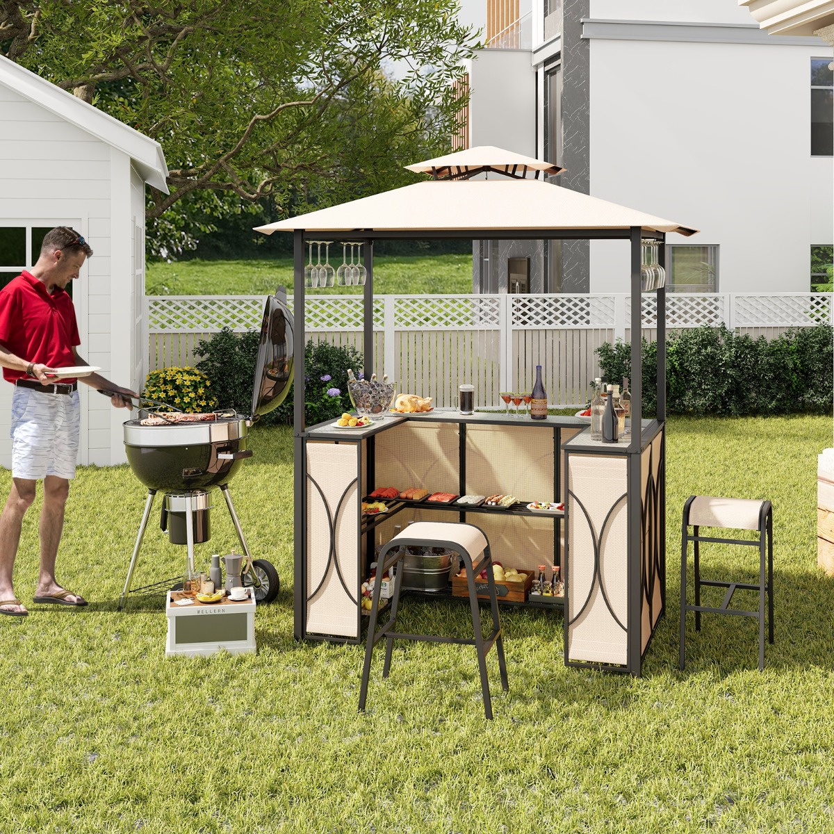 Bartisch mit 2 Barhocker Gartenbar Set mit Metallregalen & Glashalter Grillpavillon mit Doppeldach Braun