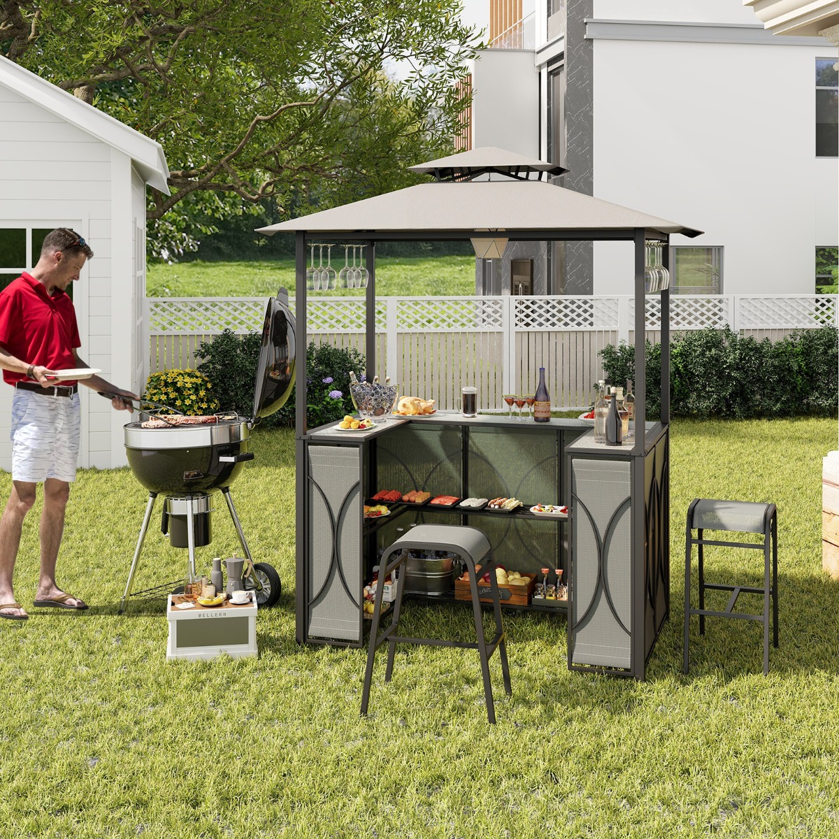 Bartisch mit 2 Barhocker Gartenbar Set mit Metallregalen & Glashalter Grillpavillon mit Doppeldach Grau