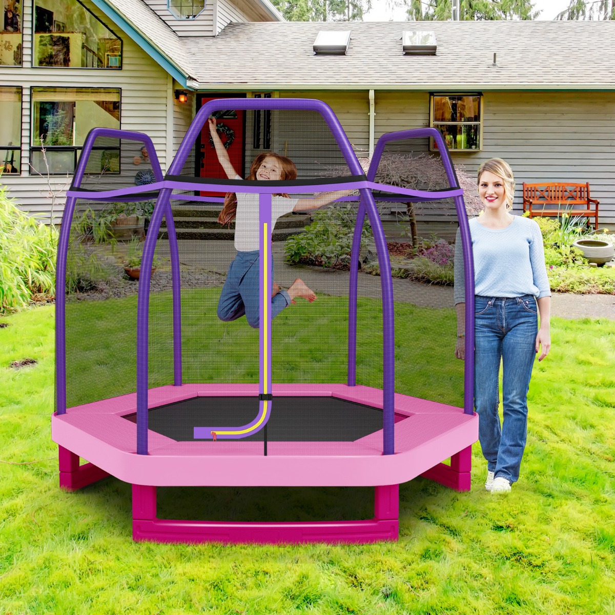 Ø223cm Gartentrampolin mit Sicherheitsnetz Indoor-/Outdoortrampolin für Kinder Rosa