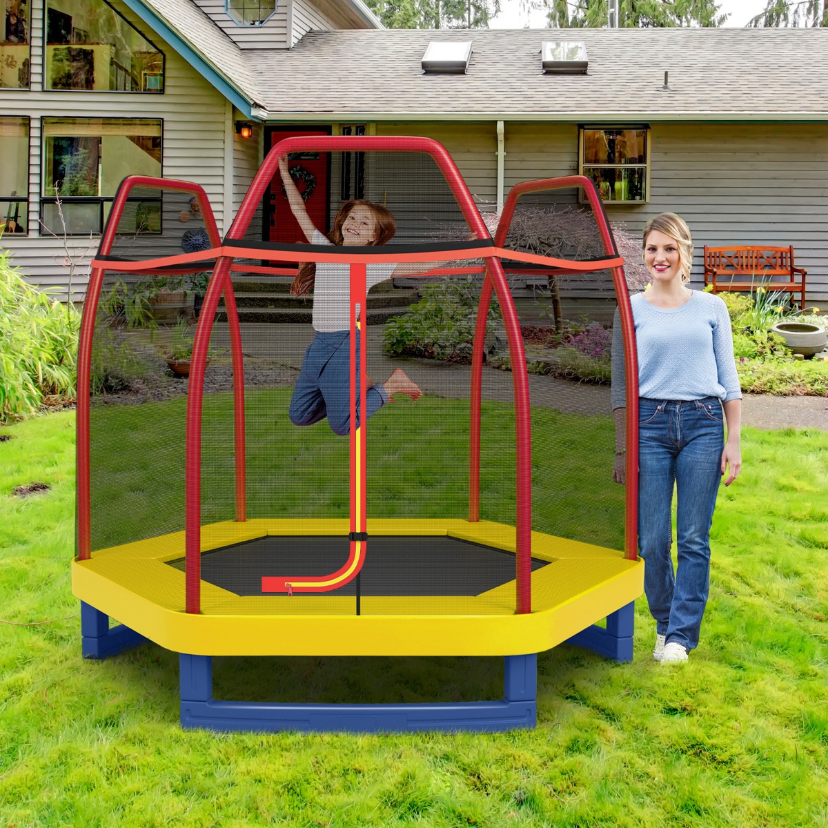 Ø223cm Gartentrampolin mit Sicherheitsnetz Indoor-/Outdoortrampolin für Kinder Orange