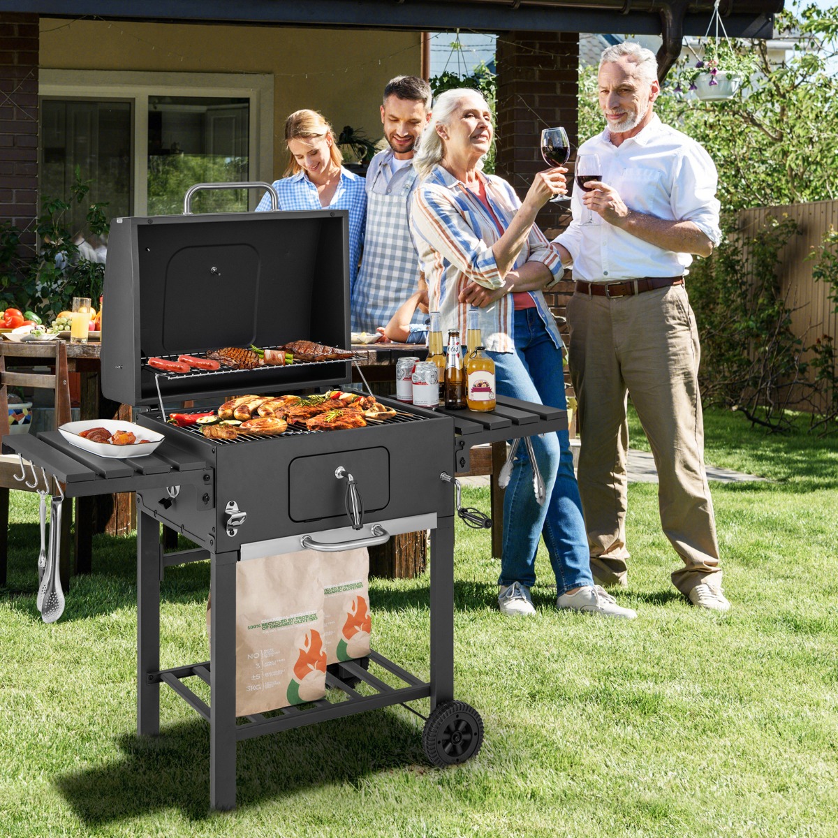 Holzkohlegrill mit Deckel & 2 Klappbaren Beistelltischen & 8 Haken & Thermometer & Flaschenöffner