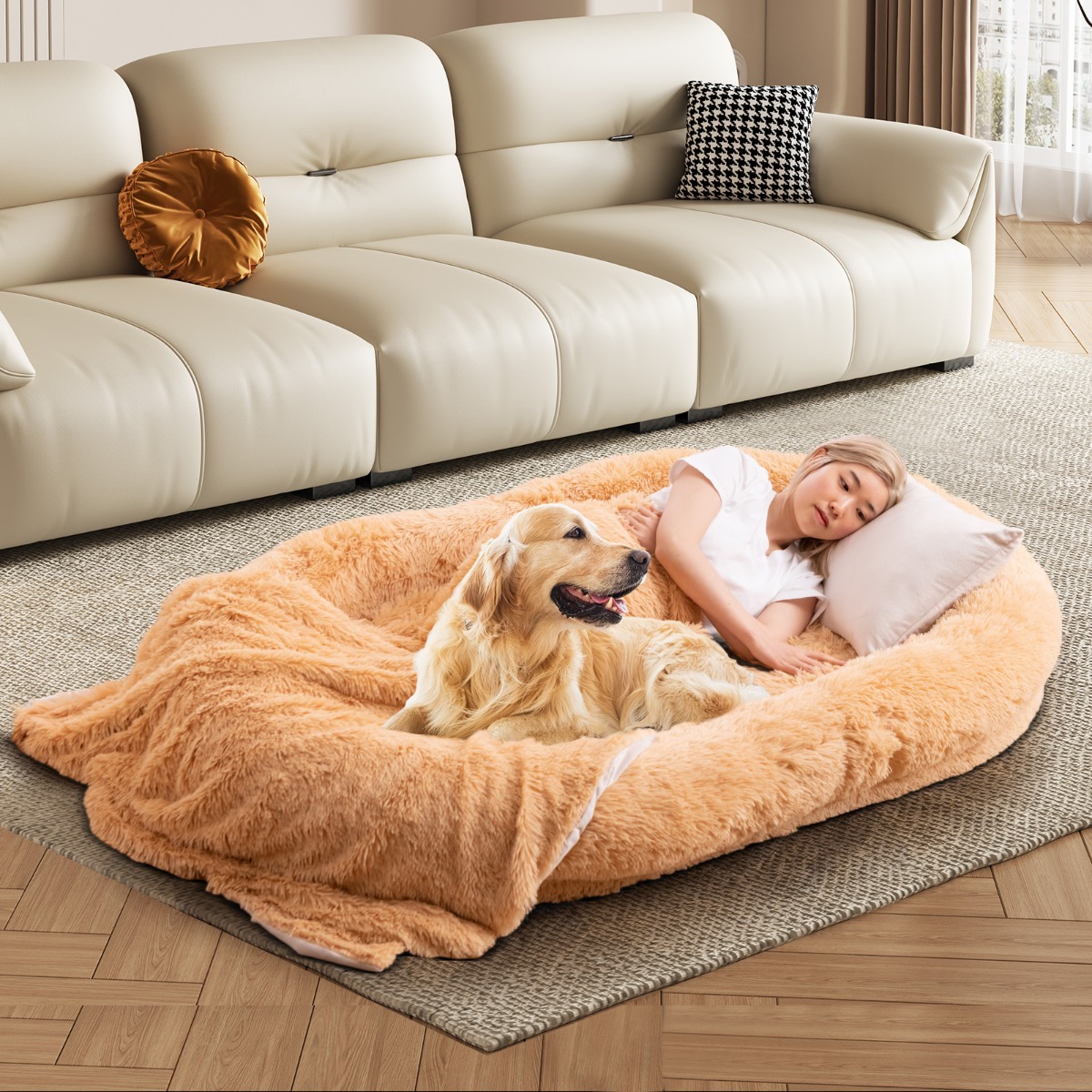 Flauschiges Hundebett für Menschen & Hunde mit Waschbare Hundedecke 171 x 115 cm Braun