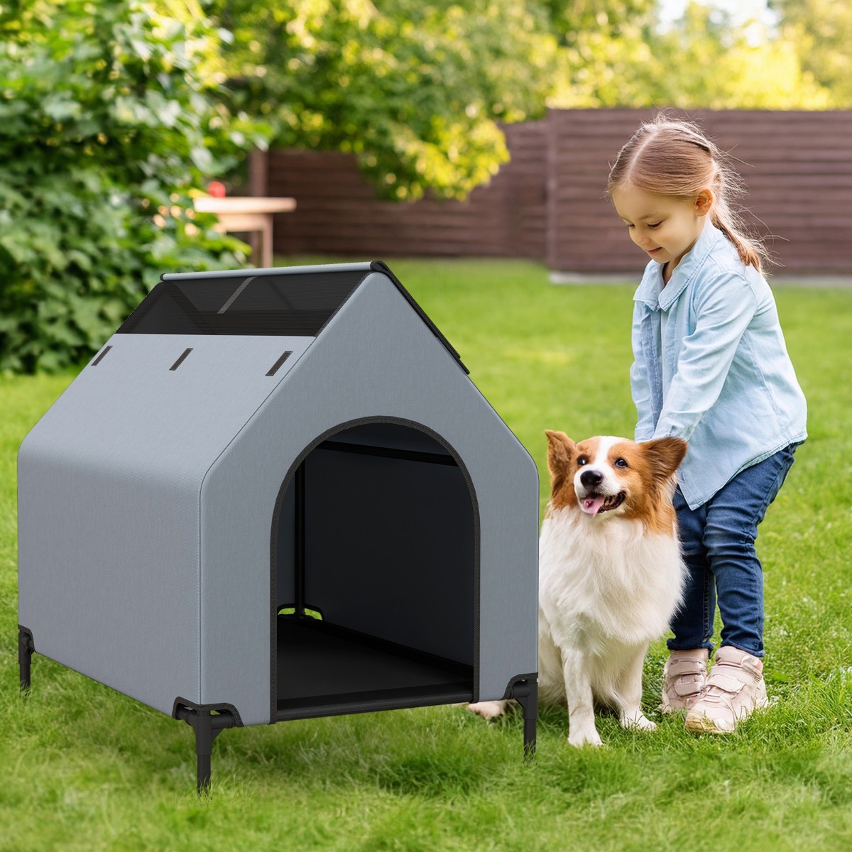 2 in 1 Hundehütte & erhöhtes Hundebett Hundeliege Outdoor Haustierhaus mit atmungsaktivem Netzgewebe Grau 64 x 91 x 86 cm