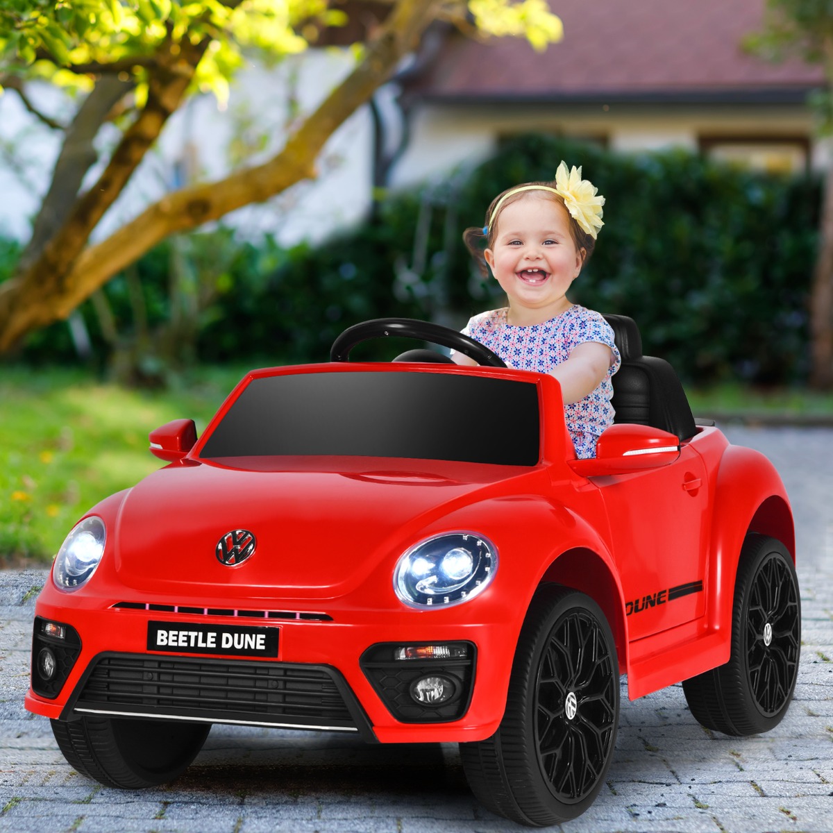 VW Beetle Kinderauto mit Musik & 2 Beleuchtungsmodi inkl. 2,4G Fernbedienung Rot