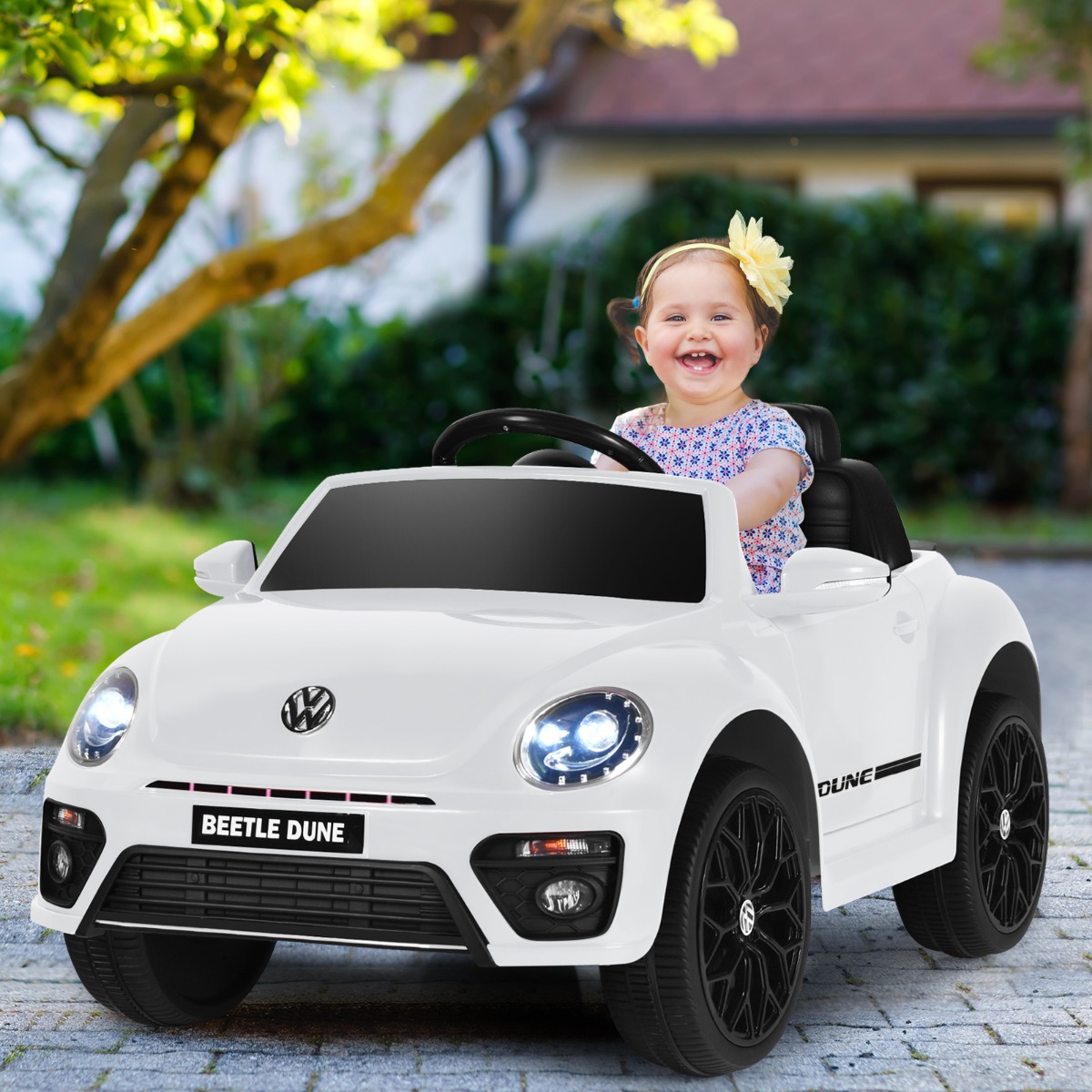 VW Beetle Kinderauto mit Musik & 2 Beleuchtungsmodi inkl. 2,4G Fernbedienung Weiß