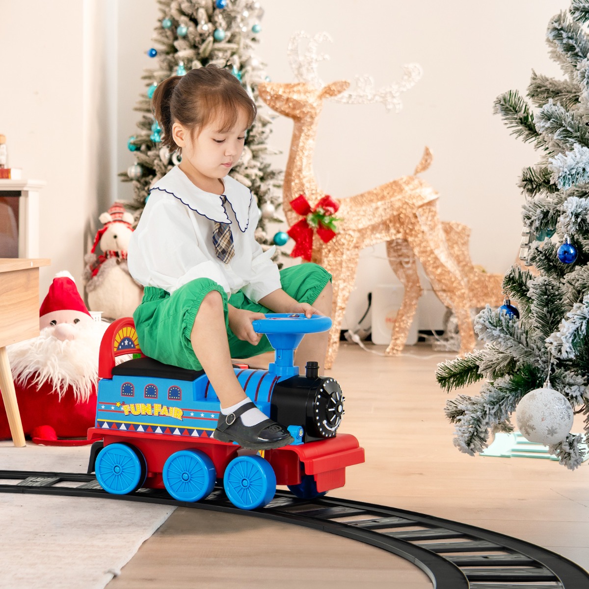 6V Kinder Aufsitz Lokomotive mit Bahn Elektro Kinderauto mit Musik & Lichter & Box Dunkelblau