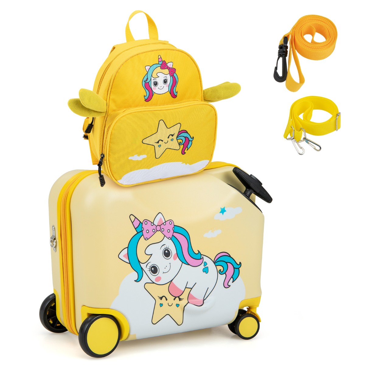 2tlg Kinderkoffer + Rucksack 47 cm Langer Aufsitzkoffer und 30 cm Breiter Rucksack Gelb Einhorn