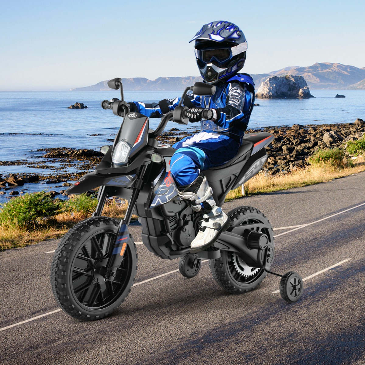 Aprilia Elektro Kindermotorrad mit Stützrädern & Musik & Scheinwerfer 12V Kinder Motorrad Blau