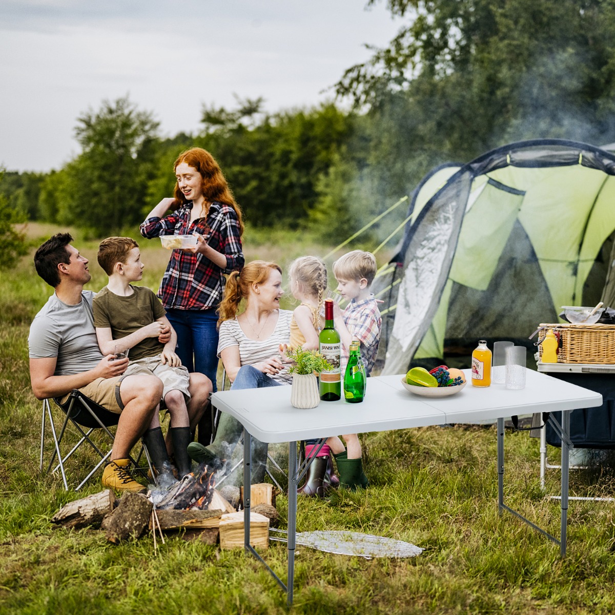 Klapptisch Zweifach Zusammenklappbarer Picknicktisch mit  Höhenverstellung Weiß