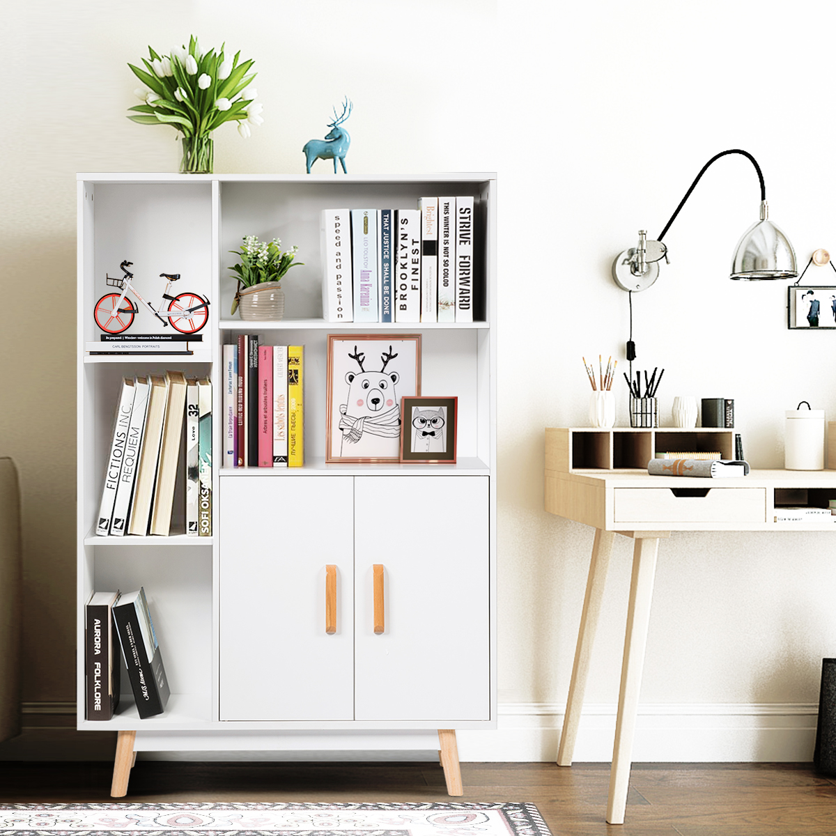 Bücherregal mit Türen und offenes Fächern Bücherschrank Sideboard Kommode Standregal 80 x 24 x 119 cm Weiß