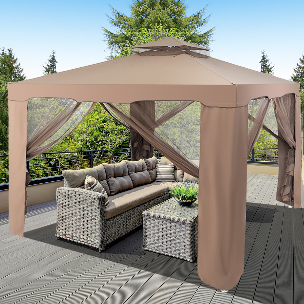 Gartenpavillon Gartenzelt Camping  Partyzelt mit 4 Seitenwänden 300 x 300 x 265 cm Braun