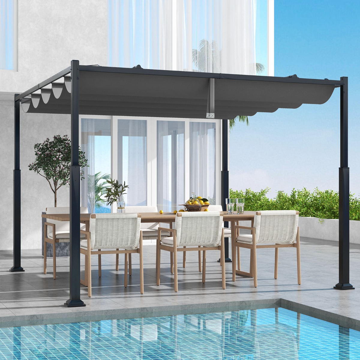 3,1 x 3,1 m Pergola mit Schiebedach Wasserdichter Pavillon Winterfester Gartenpavillon Grau