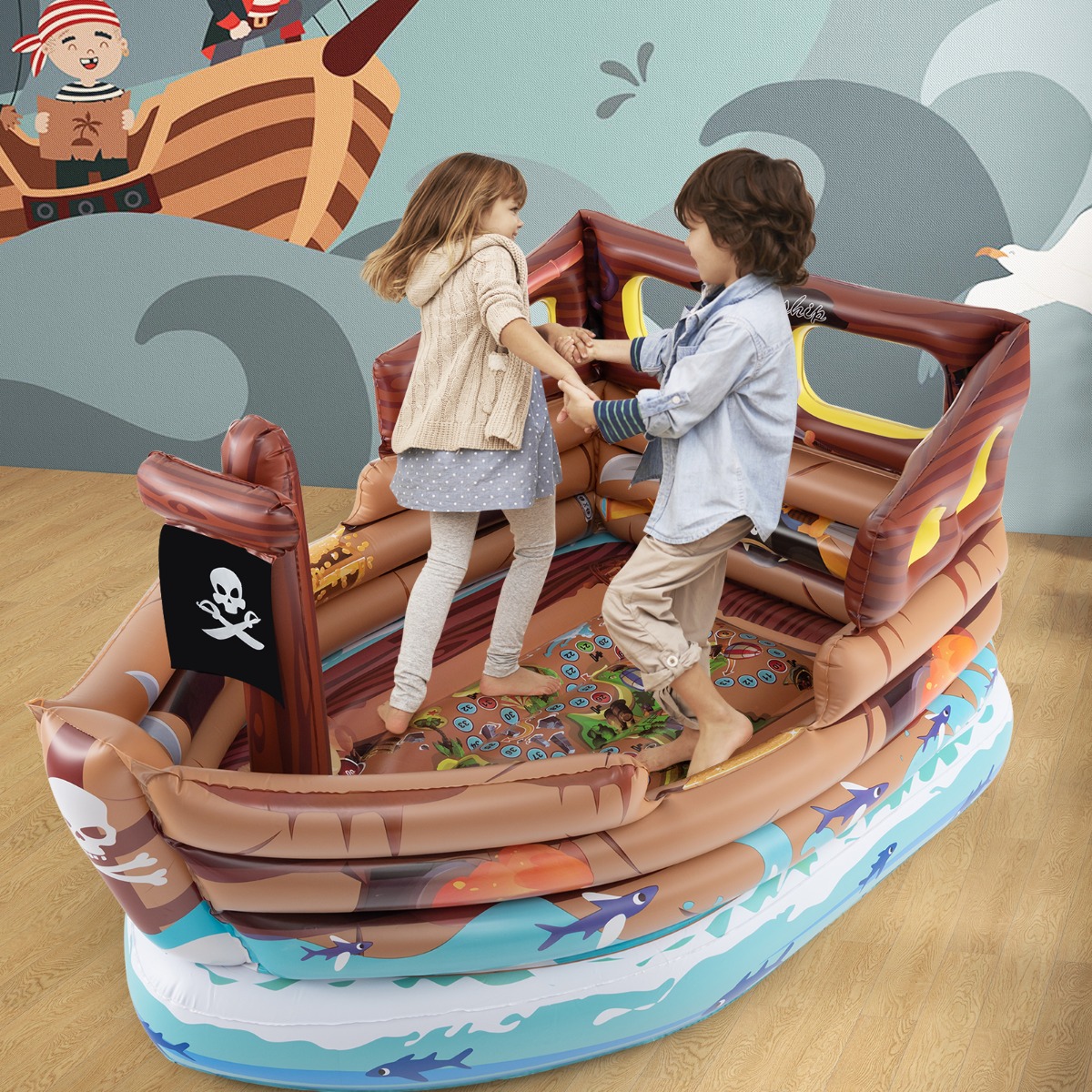 Aufblasbares Piratenschiff Spielhaus Aufblasbare Spiellandschaft mit eingebautem Motor 203 x 138 x 138 cm Mehrfarbig