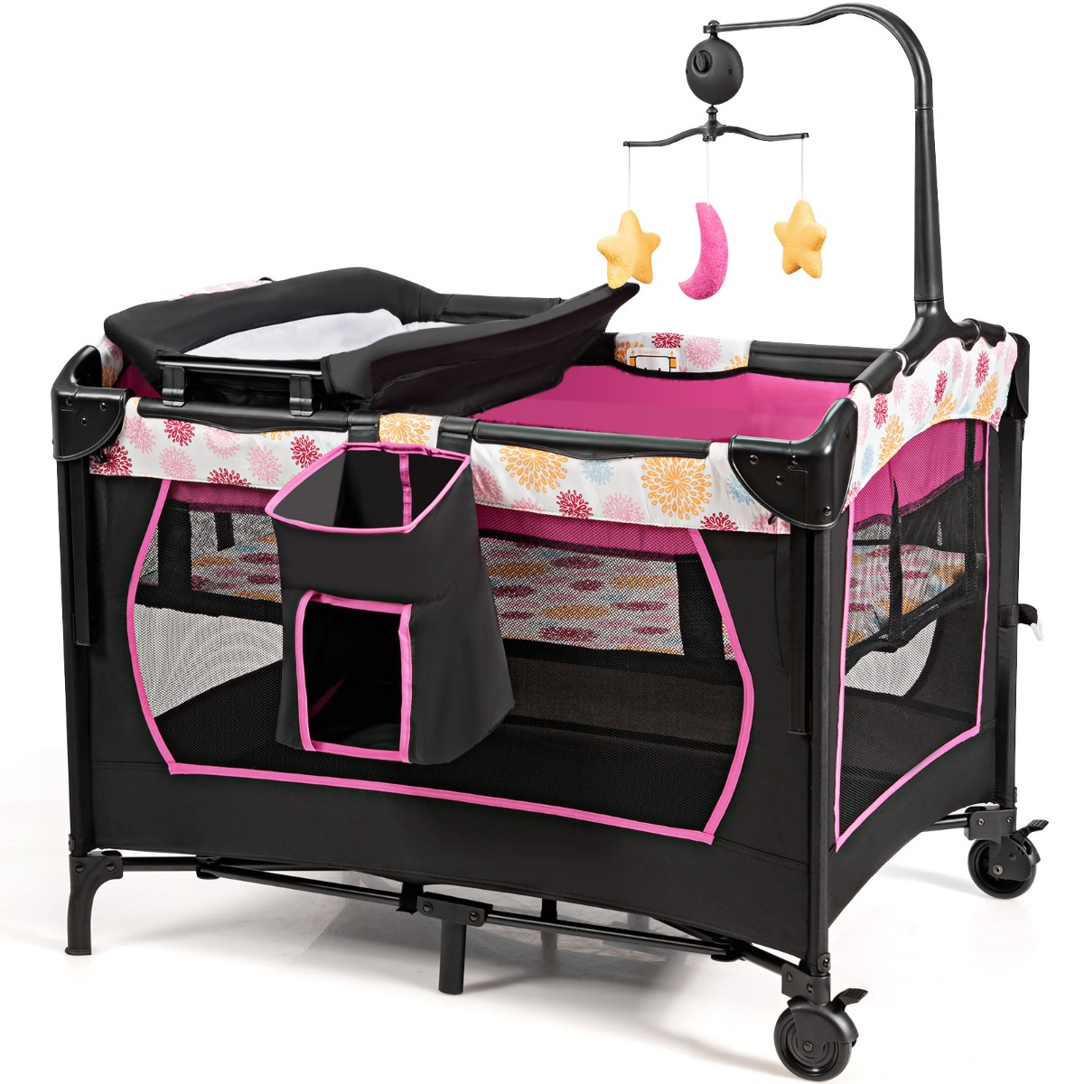 Babybett 4 in 1 Klappbares Reisebett & Beistellbett & Wickeltisch & Laufstall Schwarz+Rosa