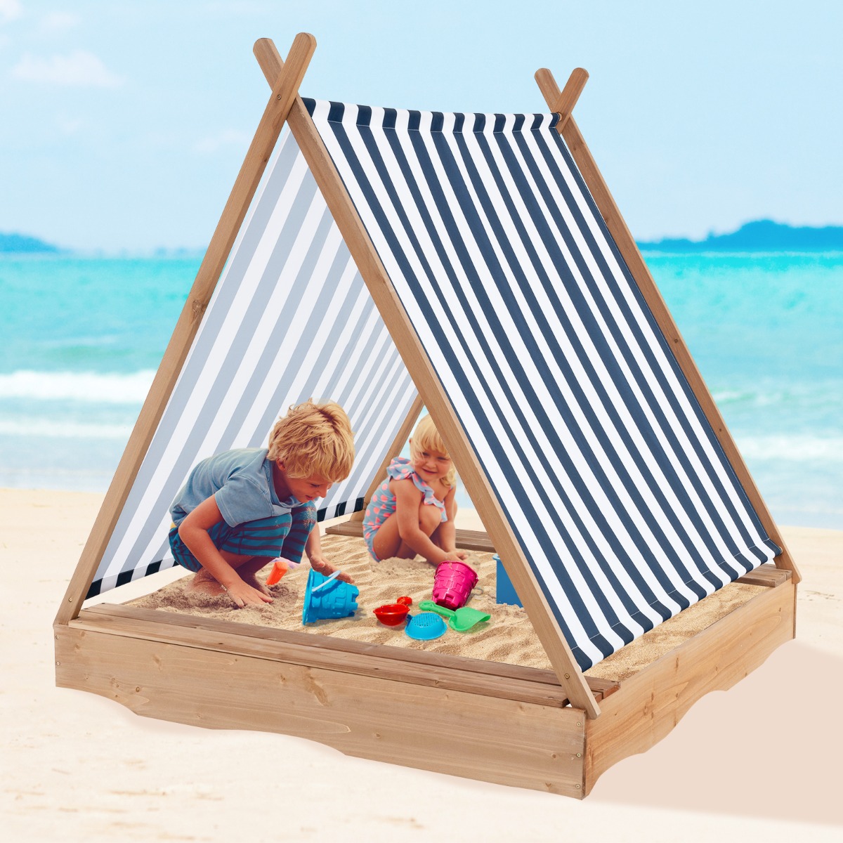 Kindersandkasten mit Abdeckung & 2 Sitzbänken Outdoor Holzsandkasten 124 x 123 cm