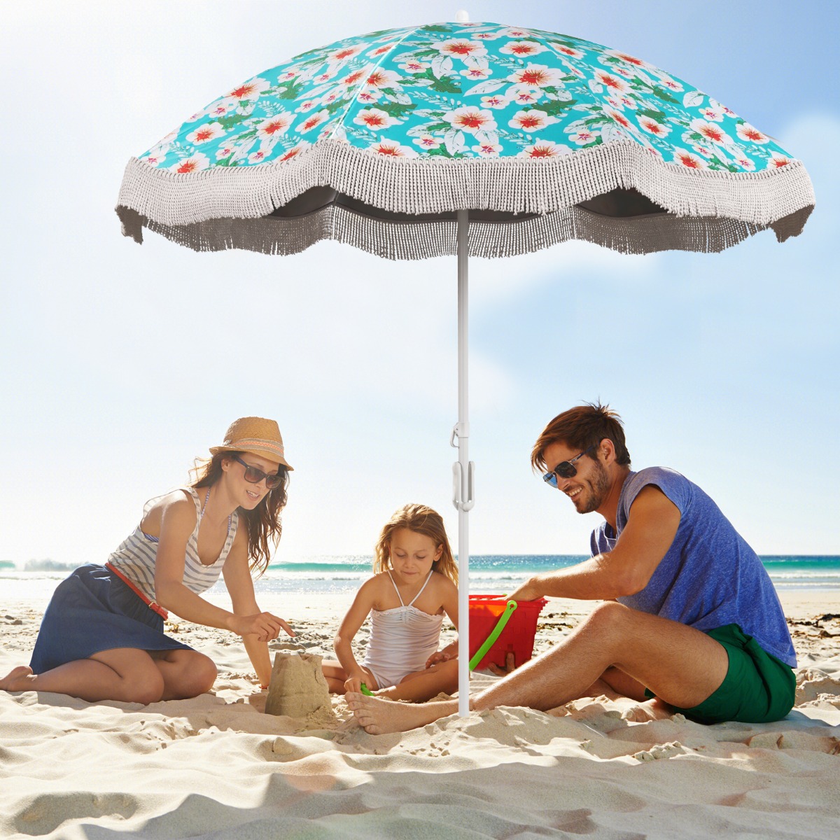 Sonnenschirm Strand Strandschirm mit Fransen UPF 50+ 30° knickbar Terrassenschirm mit Erdspieß