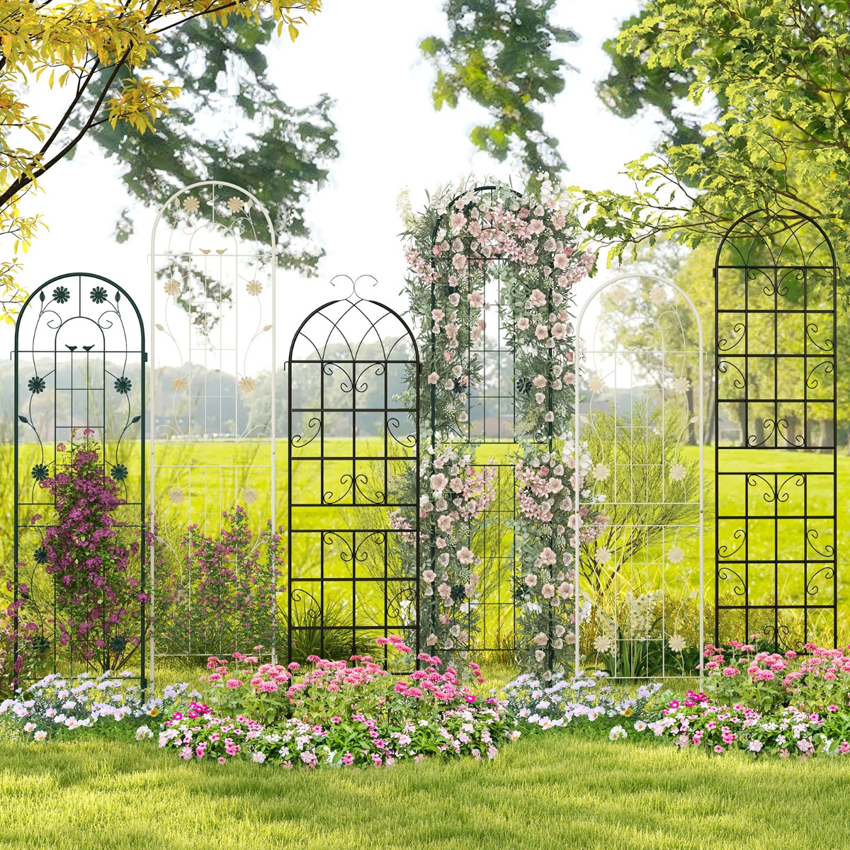 220 x 50 cm 2er Set Metall Rankgitter zum Stecken Dekorativer Gartenzaun Freistehende Rankhilfe-Weiß