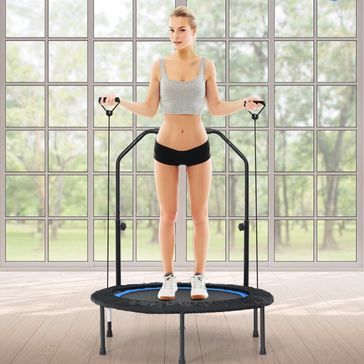 Ø101 cm Trampolin mit 2 Widerstandsbändern Mini-Trampolin mit höhenverstellbarem Griff Schwarz + Blau