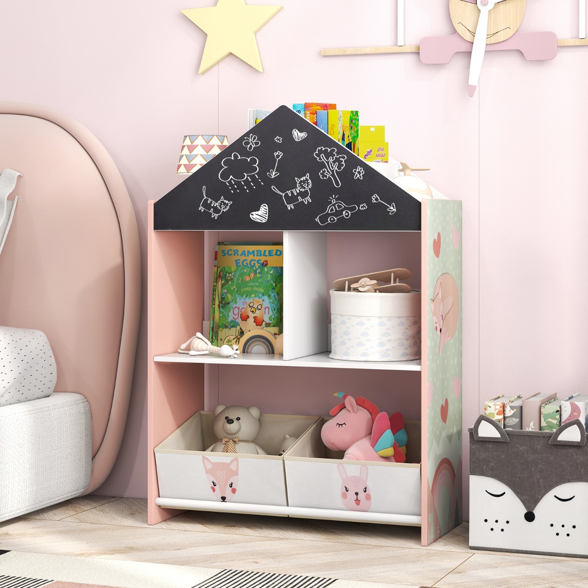 Kinder Bücherregal mit Tafel & 2 Boxen & 6 Fächern Kinderregal Kinderzimmer Regal Rosa