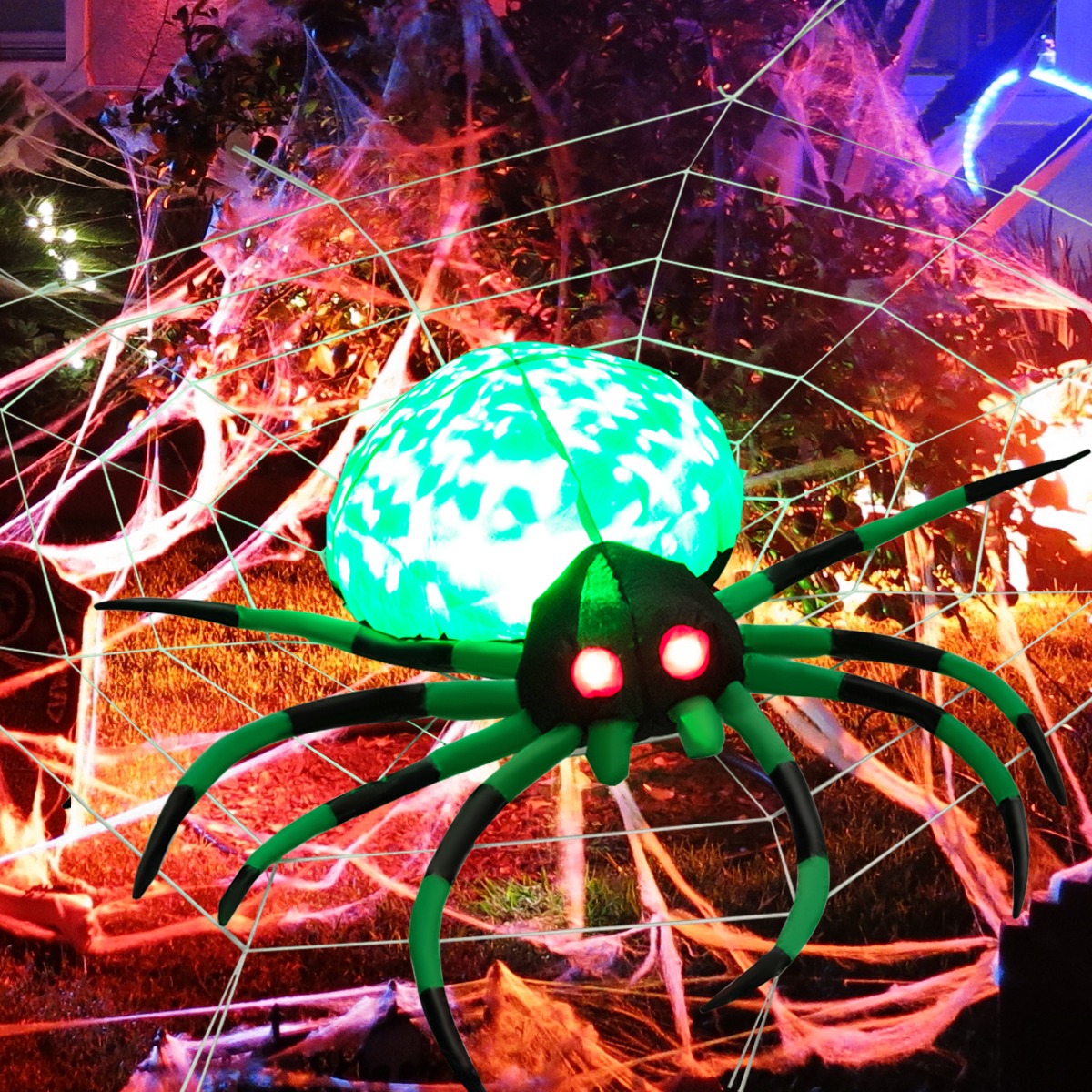 Aufblasbare Halloween-Spinne mit Spinnennetz Spinne mit Rotierendem LED-Licht